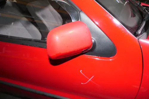 VW Polo 6N manueller manuell Spiegel Außenspiegel rechts mit Glas rot LP3G flash (155861)